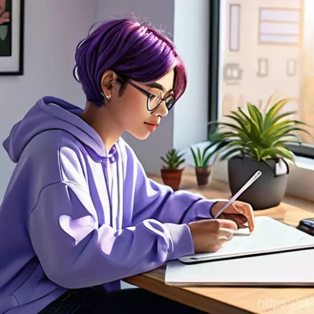웹툰작가 채용 정보 탐색법 - **Prompt:** A young, diverse female webtoon artist, in her early 20s, with short, vibrant purple hai...