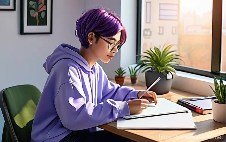 웹툰작가 채용 정보 탐색법 - **Prompt:** A young, diverse female webtoon artist, in her early 20s, with short, vibrant purple hai...