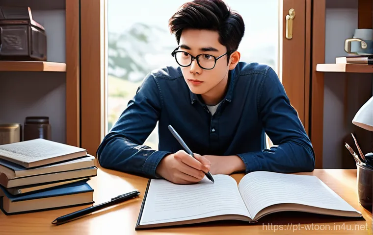 웹툰작가 초보자를 위한 조언 - **Prompt 1: The Soul of a Character**
    "A talented young webtoon artist, with a thoughtful and fo...