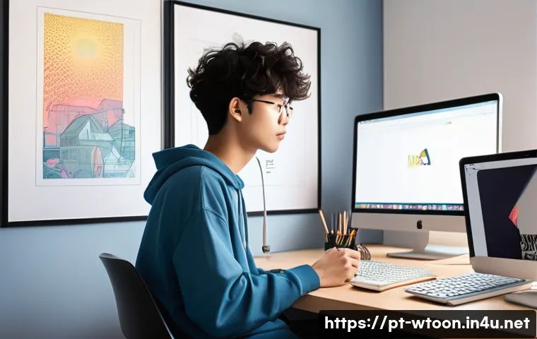 웹툰작가의 지속적인 성장 비법 - **Prompt:** A young, diverse webtoon artist, appearing to be in their early twenties, is seated comf...