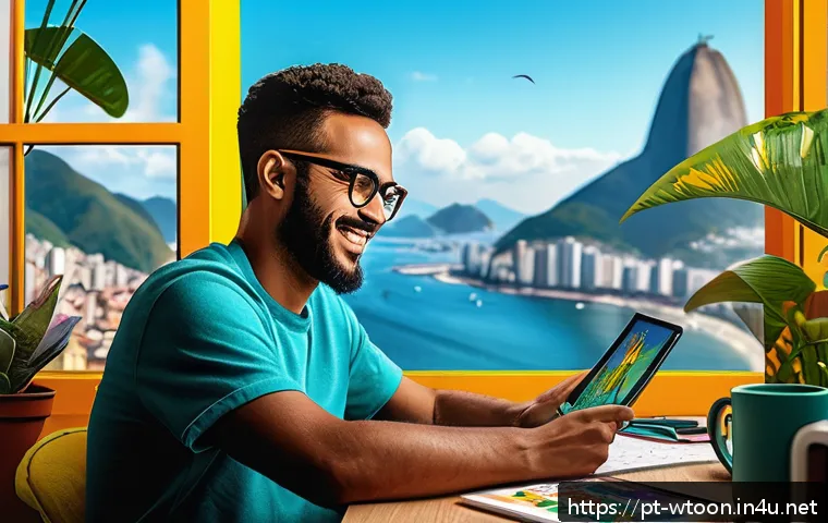 웹툰작가 직업 만족도 - A vibrant digital artist's workspace featuring a Brazilian webtoon creator drawing on a high-resolut...
