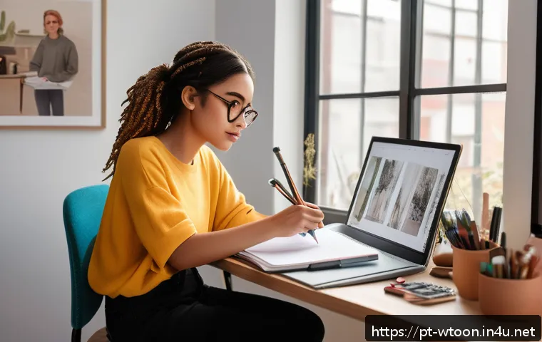 웹툰작가가 추천하는 학습 자료 - A young female webtoon artist in her cozy home studio, surrounded by digital drawing tools like a la...