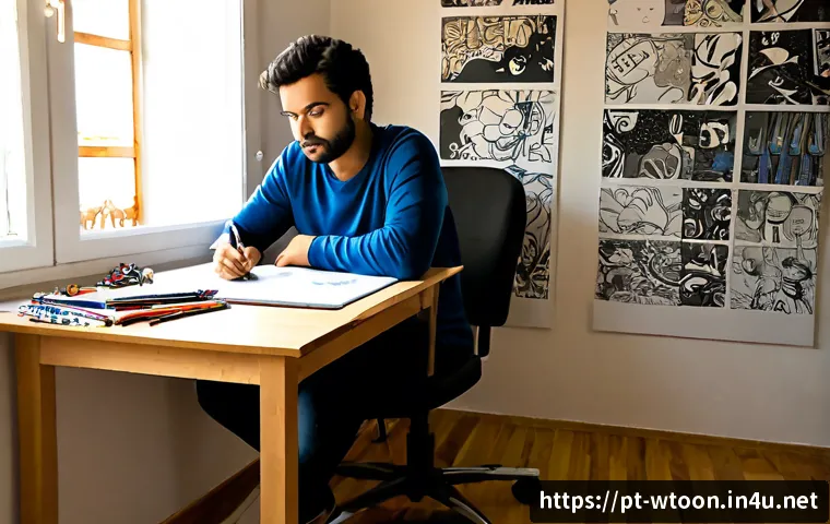 Home 17 웹툰작가 성장 과정 인터뷰 - Photorealistic editorial portrait of a Portuguese-speaking webcomic creator in a bright Lisbon home ...